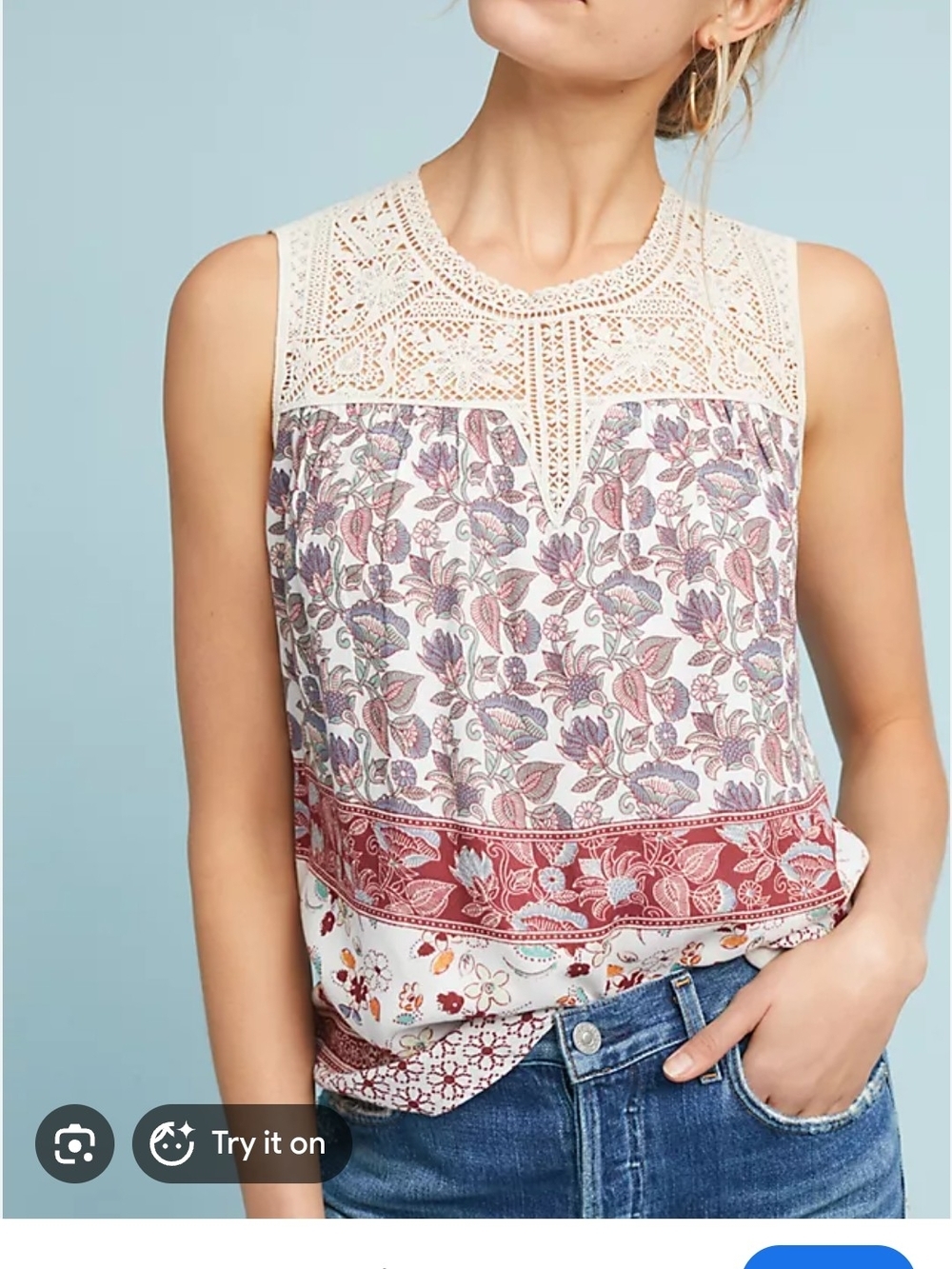 Anthropologie Maeve Sleeveless Crochet Yoke Floral Print Top - Cream/Multi